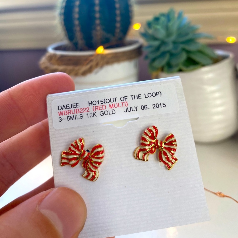 Cute Red and White Christmas Bow Studs, 12k Gold